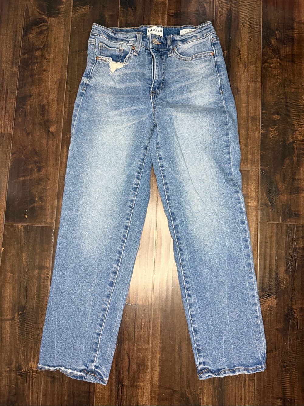 Frayed Jeans High Rise Straight Light Wash Distressed Denim 25